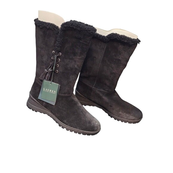 Ralph Lauren Tadina Mid-Calf Winter Boots Womens 8.5B Black Nubuck Lamb Fur Trim - Picture 9 of 16